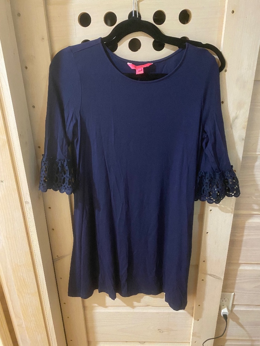 Lilly Pulitzer Navy Blue Dress with lace trimmed sleeves, L